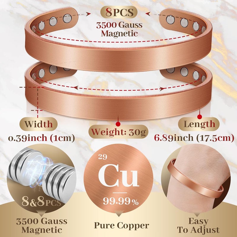 Auramag Copper Bracelets for Women, Magnetic Bracelet for Men with 3500 Gauss Magnets, Adjustable Jewelry with Gift Box(2 PCS) - Image 4